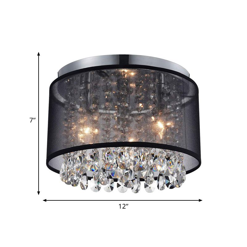 Lámpara de techo de tela cromada de estilo simple con montaje empotrado cilíndrico de 3 luces con gotas de cristal