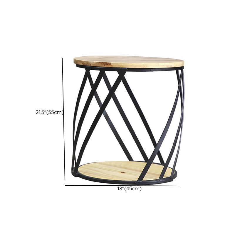 Drum End Table with Storage Solid Wood Round Top and Metal Base