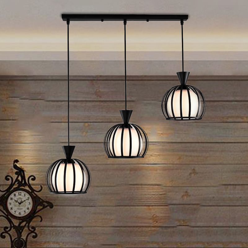Metal Dome Cage Ceiling Pendant with Milk Glass Shade Retro Style 3 Bulb Indoor Hanging Light in Black/White