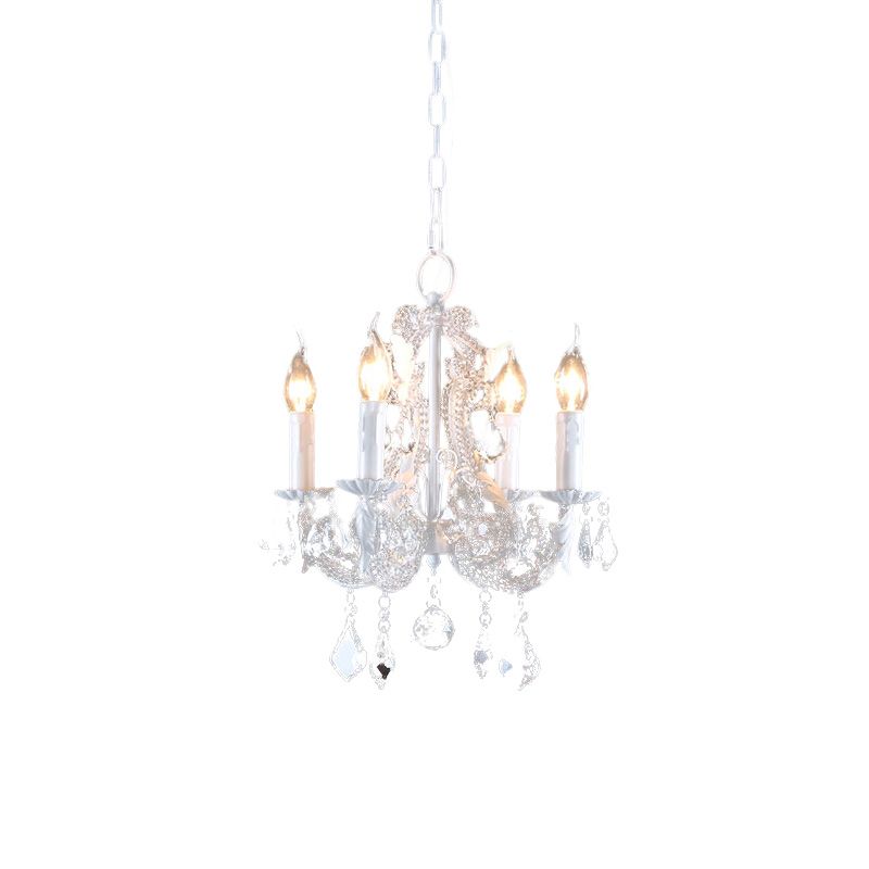 Crystal Coated Candlestick Chandelier Rustic 4-Head Restaurant Pendant Ceiling Light in White