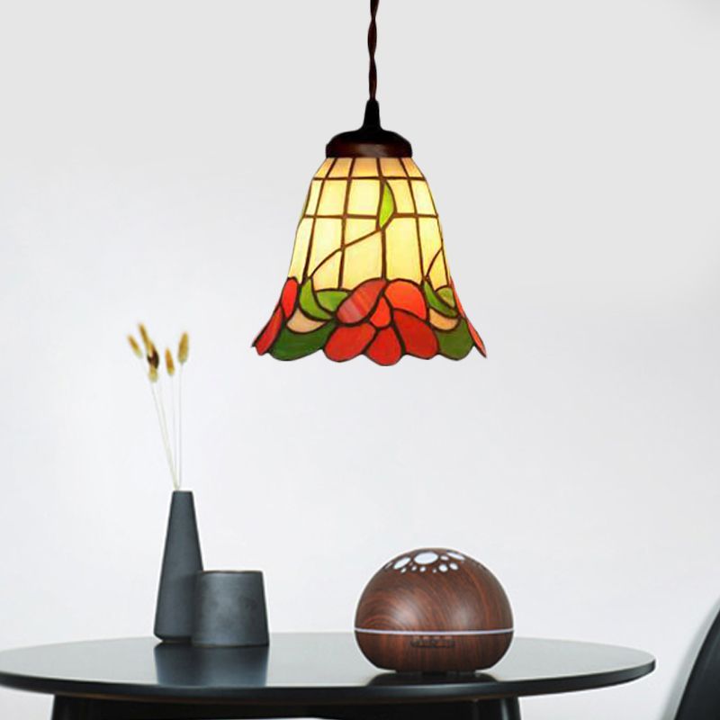 1 Light Bell Ceiling Pendant Mediterranean Red/Pink/Blue Cut Glass Suspension Lighting for Kitchen