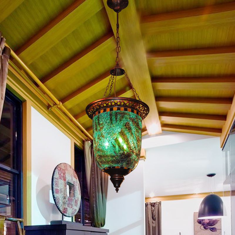 Bohemian Urn Chandelier Light 2 Bulbs Stained Art Glass Pendant Lighting Fixture in Blue for Restaurant
