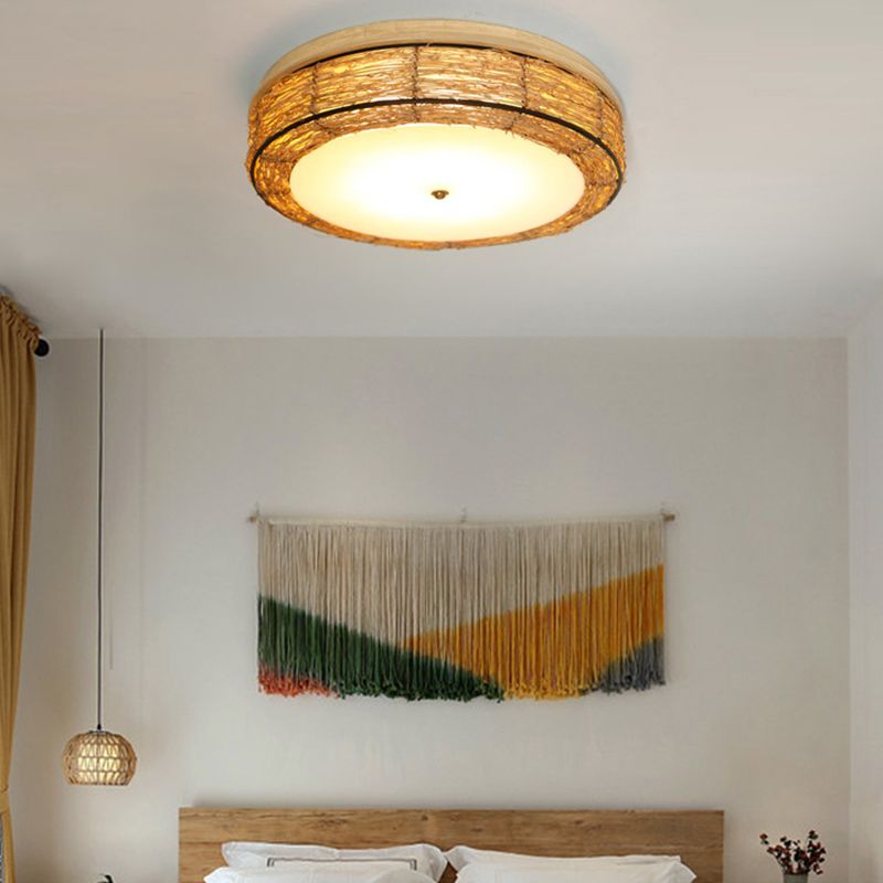 Ronde Vorm Plafondlamp Aziatische Stijl Rotan 3 Lichten Flush Mount voor Slaapkamer
