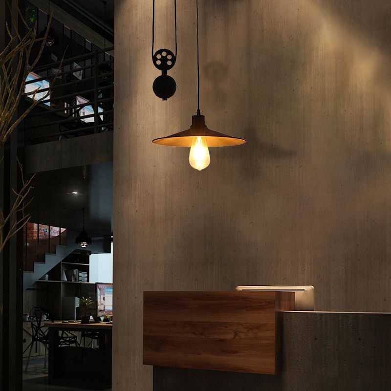 1 Light Pulley Pendant Light with Flared Shade Farmhouse Style Black Metal Hanging Lamp for Indoor