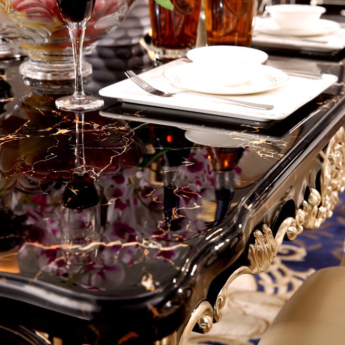 Marble Black Tone Dining Table Victorian 4 Legs Table for Dining Room