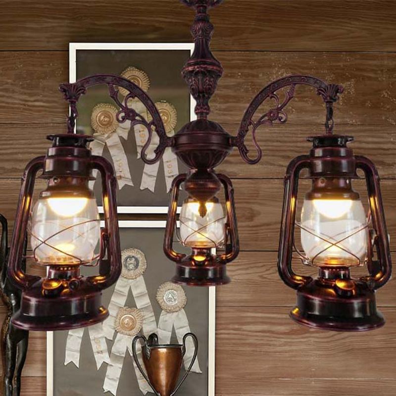 Clear Glass Black/Silver/Red Chandelier Light Lantern 3-Light Industrial Pendant Lamp for Kitchen