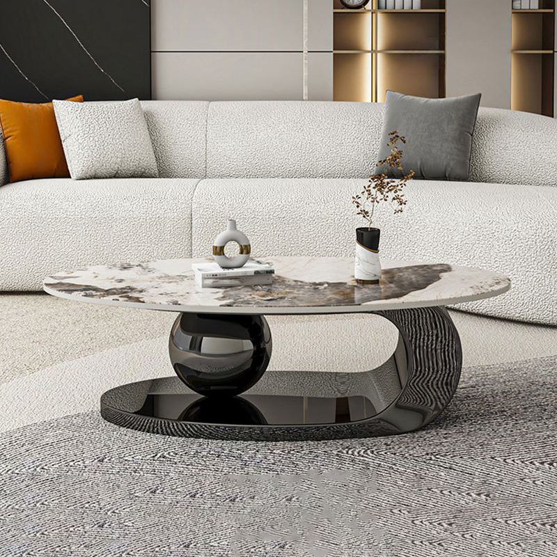 Oval Stone Top Coffee Table with Steel Base 51.18" Long 27.56" Wide