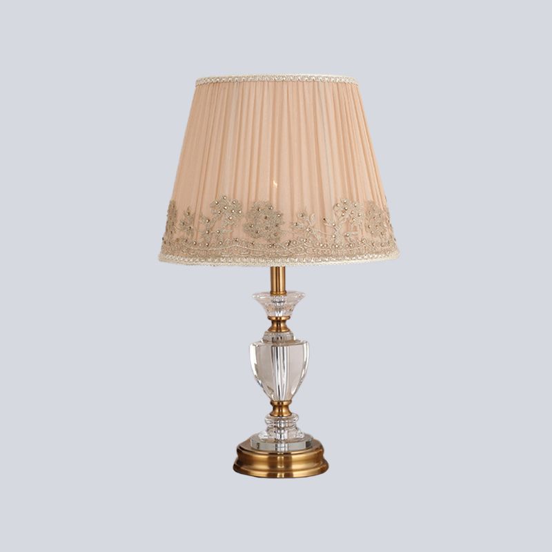 Flared Crystal Table Light Modern Fabric 1 Head Beige Reading Lamp for Living Room