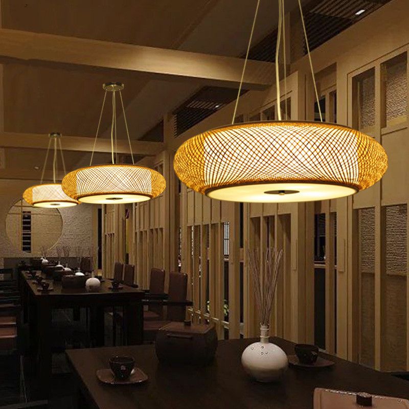 12"/16"/19.5" Wide Donut Ceiling Lamp Retro Bamboo 3 Bulbs Wood Hanging Light Fixture