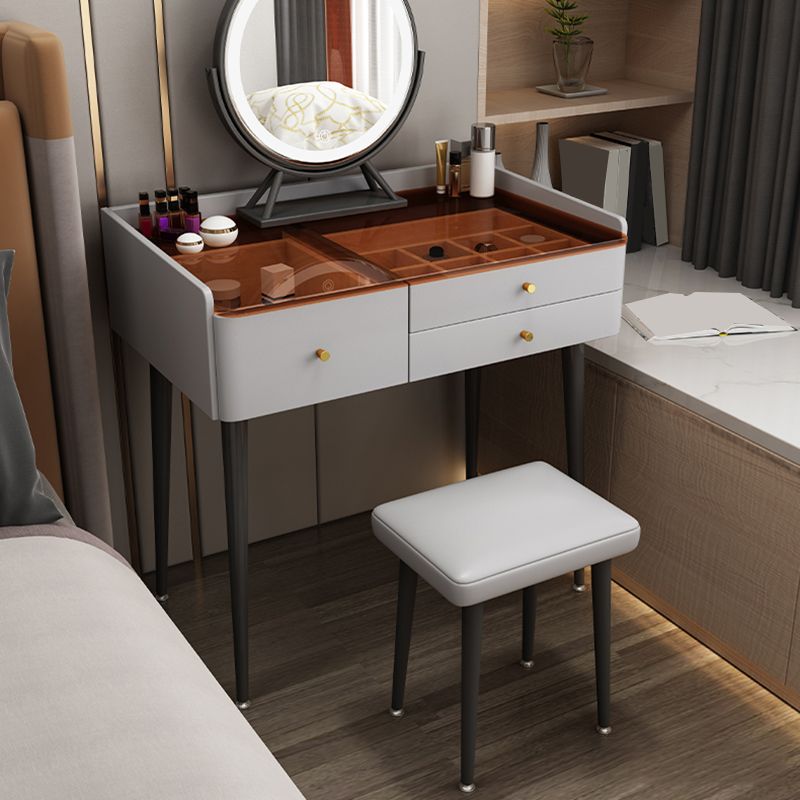 Modern Glass Top Makeup Vanity Table in Gray with Storage Drawers