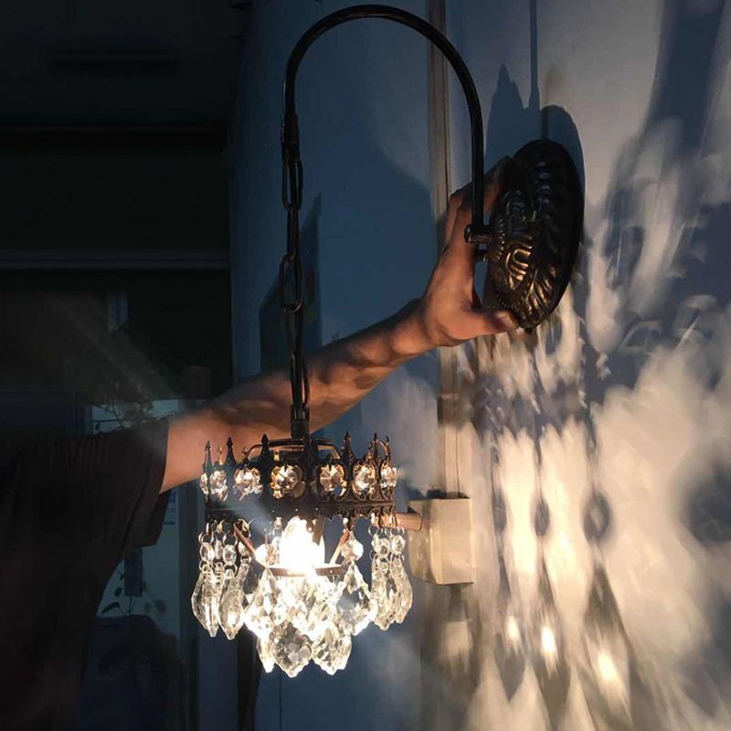 Crown Shaped Wall Light Modern Metallic Single-Bulb Living Room Wall Lighting Fixture with Crystal Drop