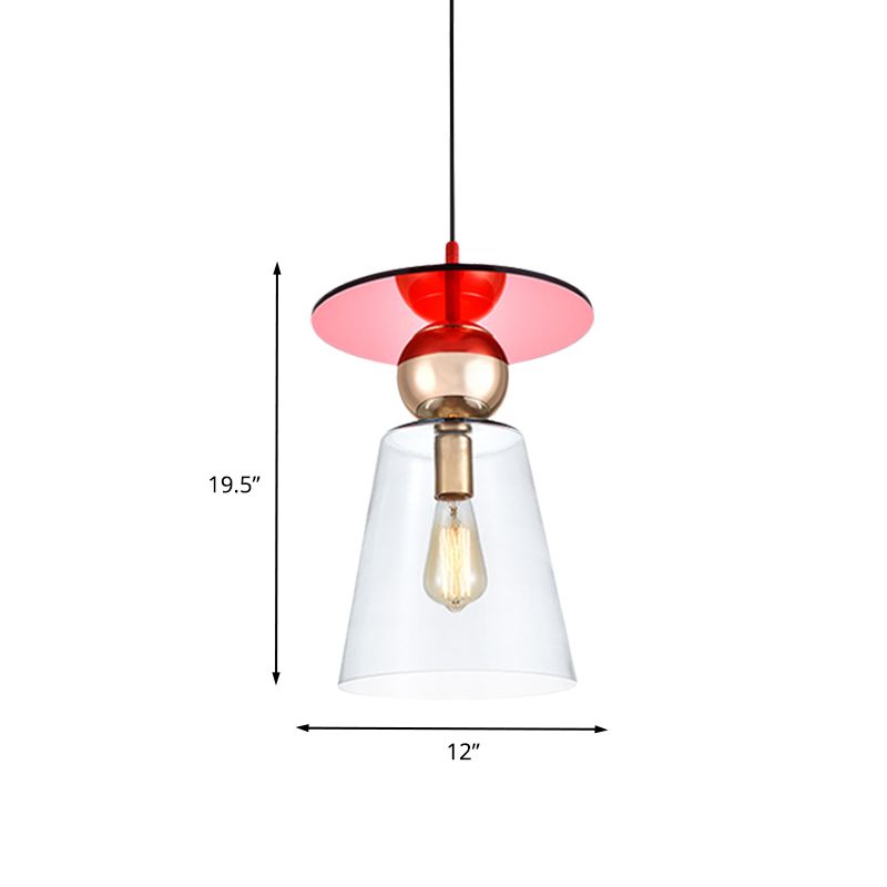 Kit de lumière suspendue en verre en verre transparent 1 tête lampe à suspension de plafond moderne avec top à disque rouge
