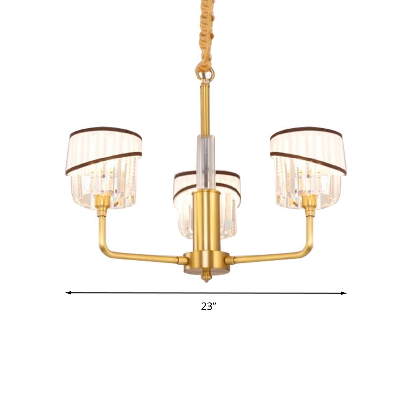 Modern 3 Heads Chandelier Lighting Brass Cylindrical Hanging Light Kit with Crystal Shade