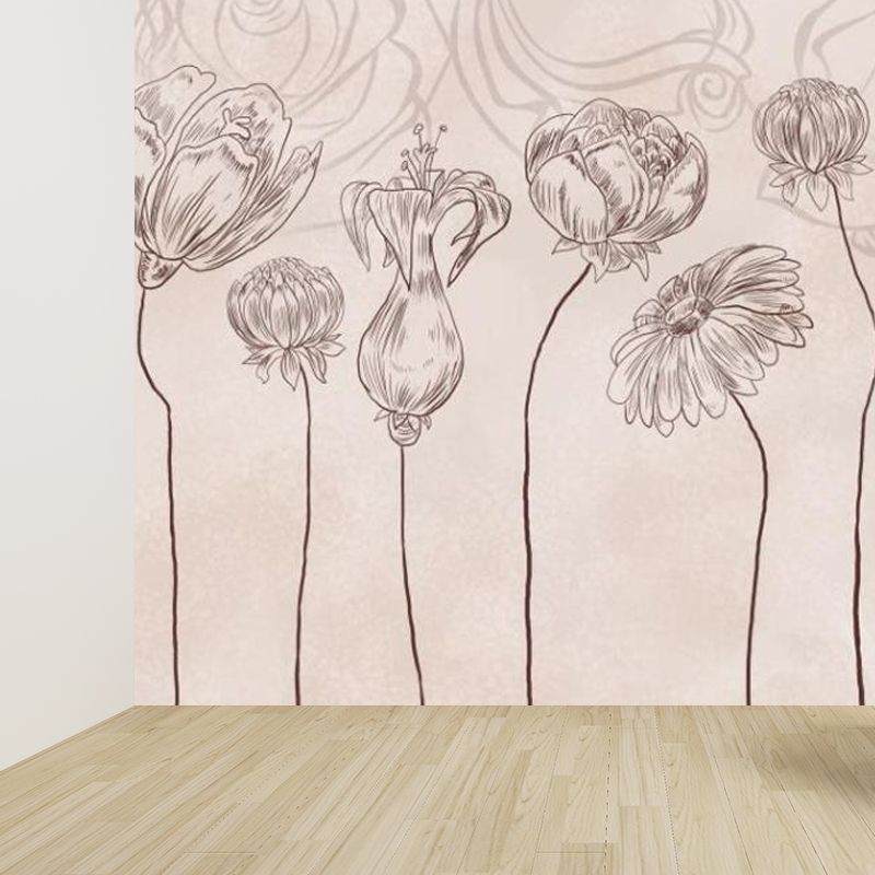 Pencil Drawing Flowers Wall Mural Pink Modern Style Walll Art for House Interior
