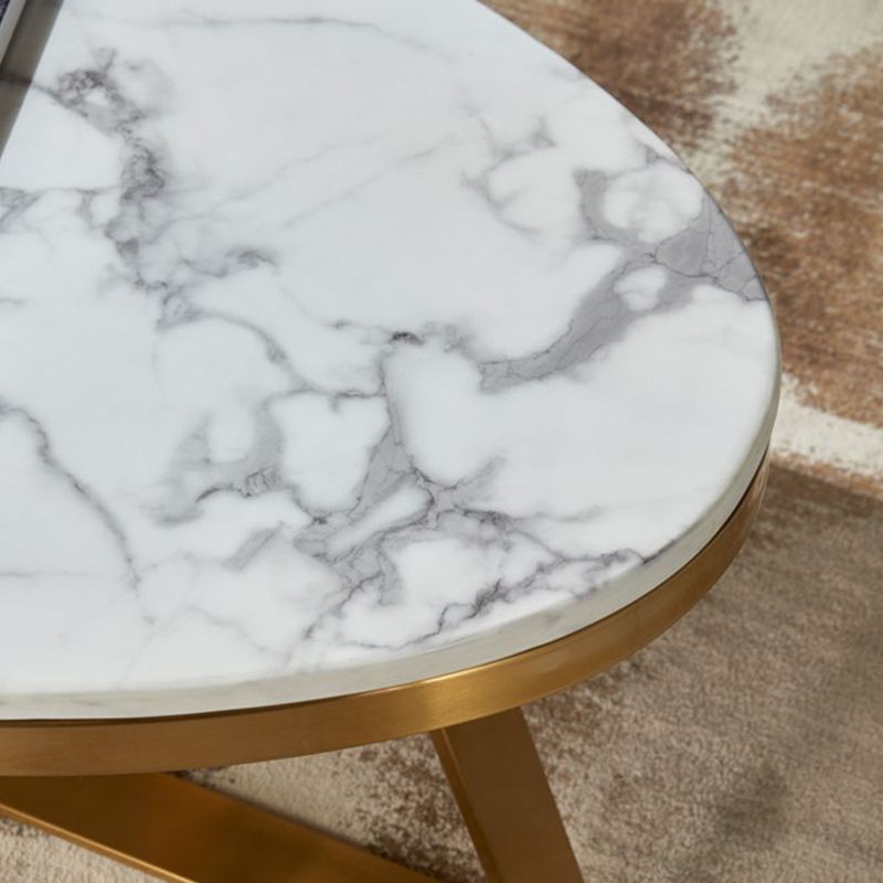 Glam Metal Cross Legs Coffee Table Faux Marble Oval Coffee Table