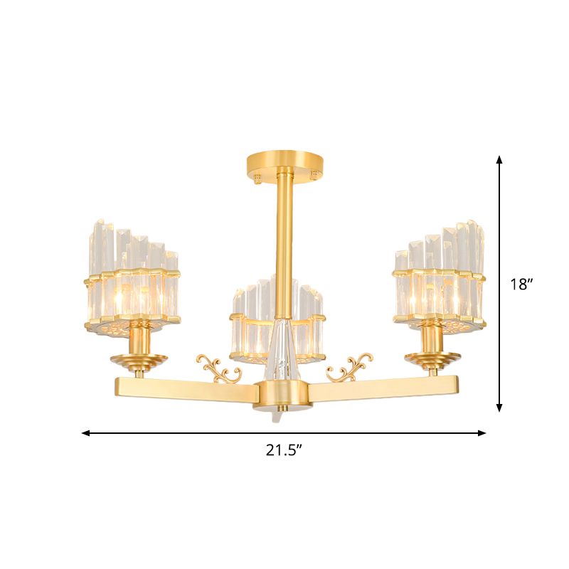 Curved Shape Dining Room Flush Chandelier Postmodern Crystal 3/6-Head Gold Semi Flush Ceiling Light