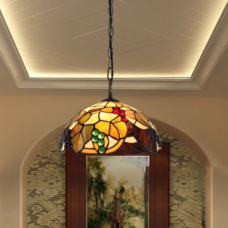 Tiffany 1-Light Pendant Lighting Grapes and Leaf Stained Glass Hanging Ceiling Light