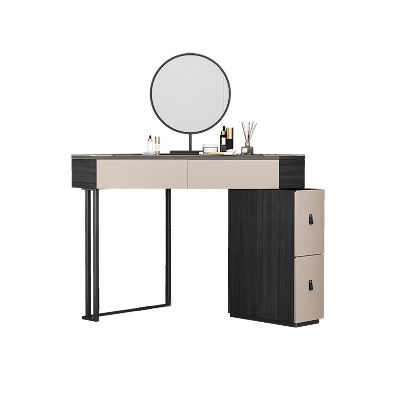 Modern Corner Vanity Table Stool and Mirror Set Glass Top 4-Drawer Dresser