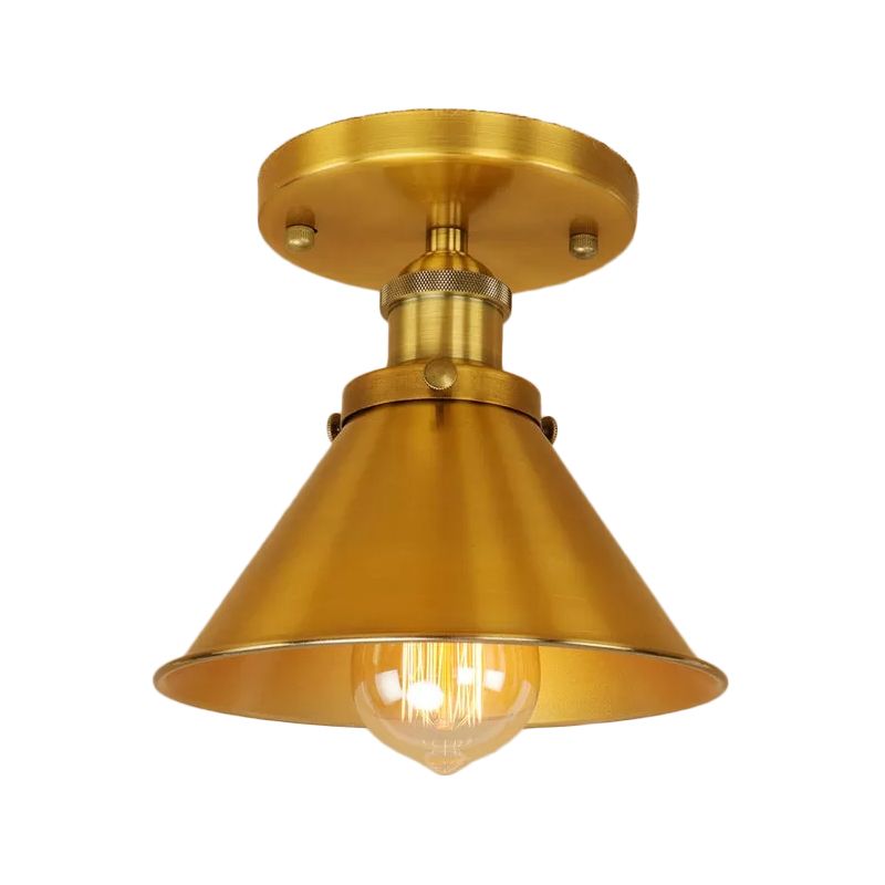 Mini plafonnier à abat-jour conique en fer industriel, 1 lumière, rouille/noir/cuivre, éclairage semi-monté