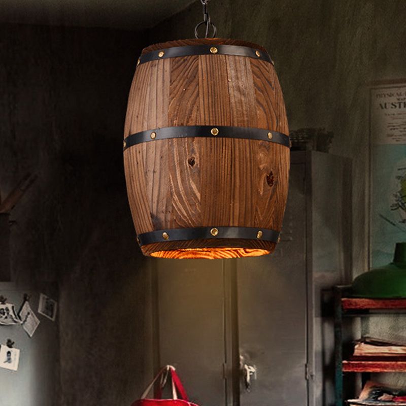 Wooden Barrel Shaped Creative Hanging Light Industrial Style Single Light Suspended Light with 27.5" Hanging Chain