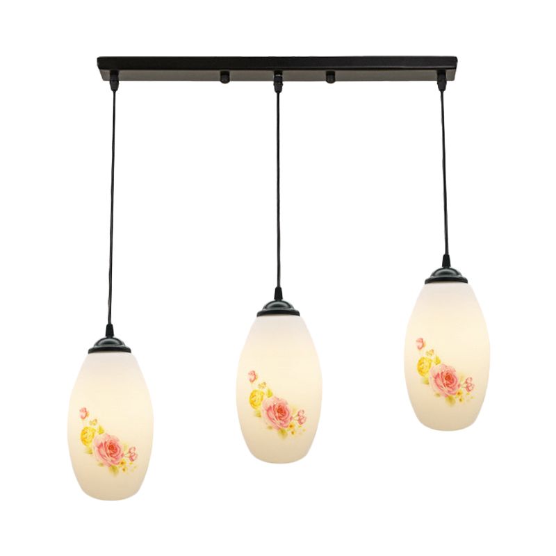 3 Bulbs Multiple Hanging Light Modern Oblong Frosted White Glass Linear/Round Canopy Pendulum Lamp with Flower Pattern