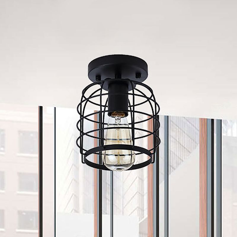 Plafonnier à 1 tête, cage cylindrique vintage en métal, semi-encastré, noir, pour couloir