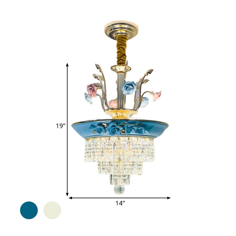 14 "/17" W Antiqued Letters Kroonluchter 2-licht gesneden kristaldruppel lamp met handgemaakte rozentrim in blauw/beige