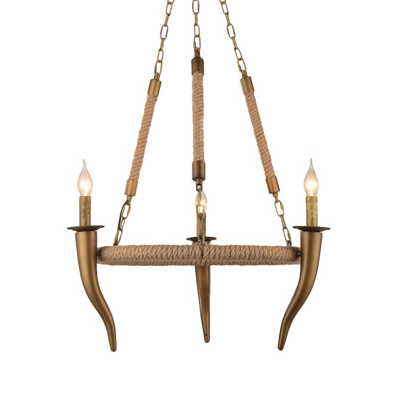 Pendentif de plafond de roue de wagon enveloppé rustique Pendant 3/6 Light Khaki Metallic Chandelier Light With Ox Horn Element