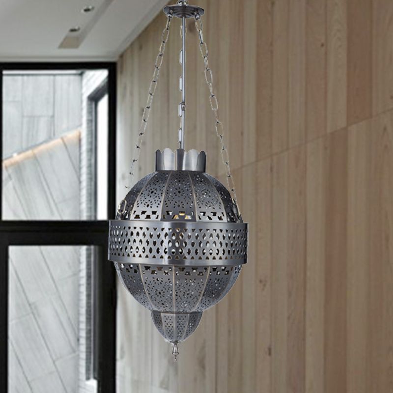 Global Metal Hanging Light Fixture Rustic 1 Bulb Living Room Suspension Pendant Lamp in Grey