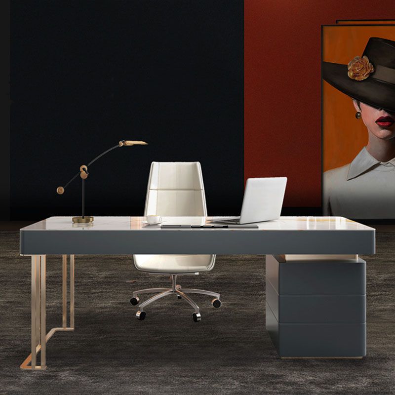 Office Or Home Mirrored Office Desk H-Shape Gold Metal Legs Desk