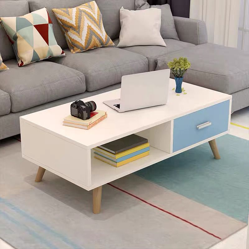 Contemporary Cocktail Table 4 Legs Wood with Drawer Rectangular Single Coffee Table