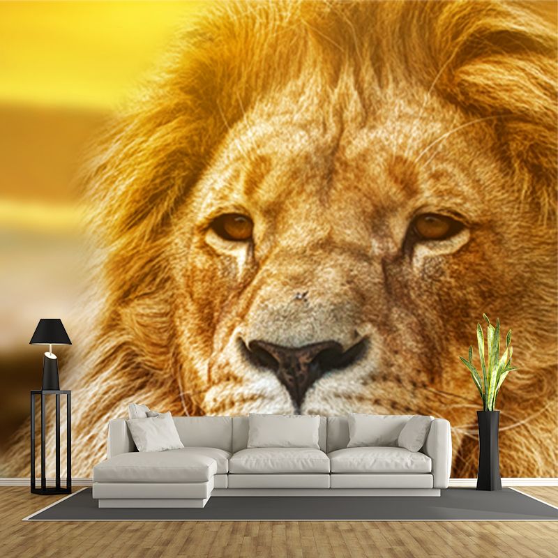 Lion with Sunset View Mural Contemporary Non-Woven Material Wall Covering in Brown