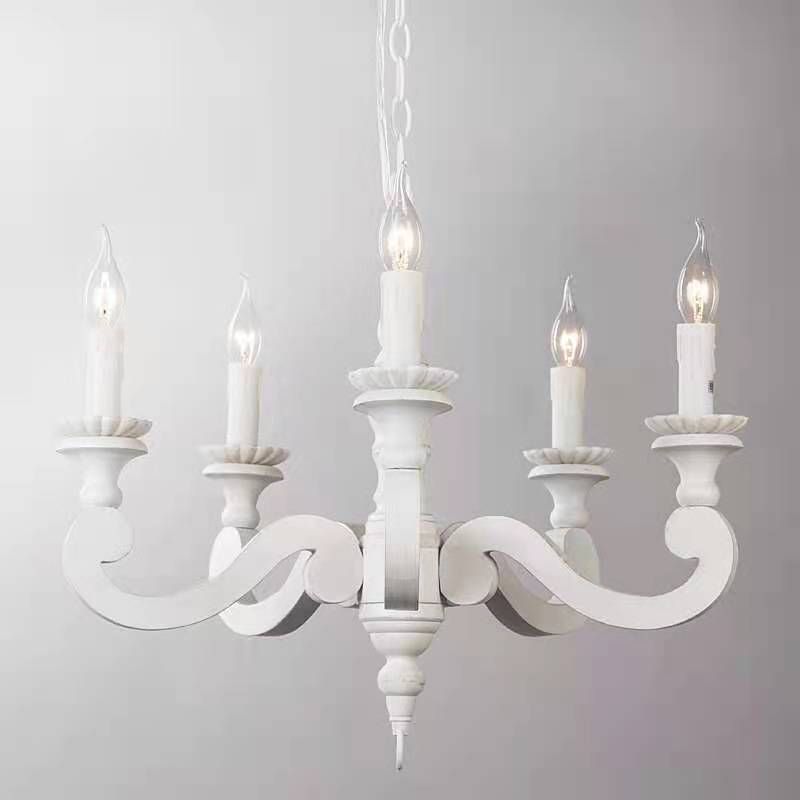 Ceiling Chandelier French Country Candle Wooden Pendant Lighting in White