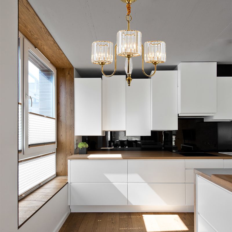 Chandelier de plafond cylindre Crystal à facettes contemporaines 3/5/6 têtes en laiton suspension