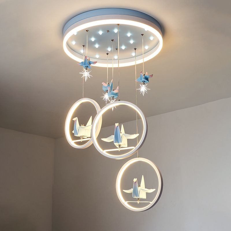 Metallic Circular Hanging Chandelier Kids LED Pendant Light in Blue with Paper Cranes Decor