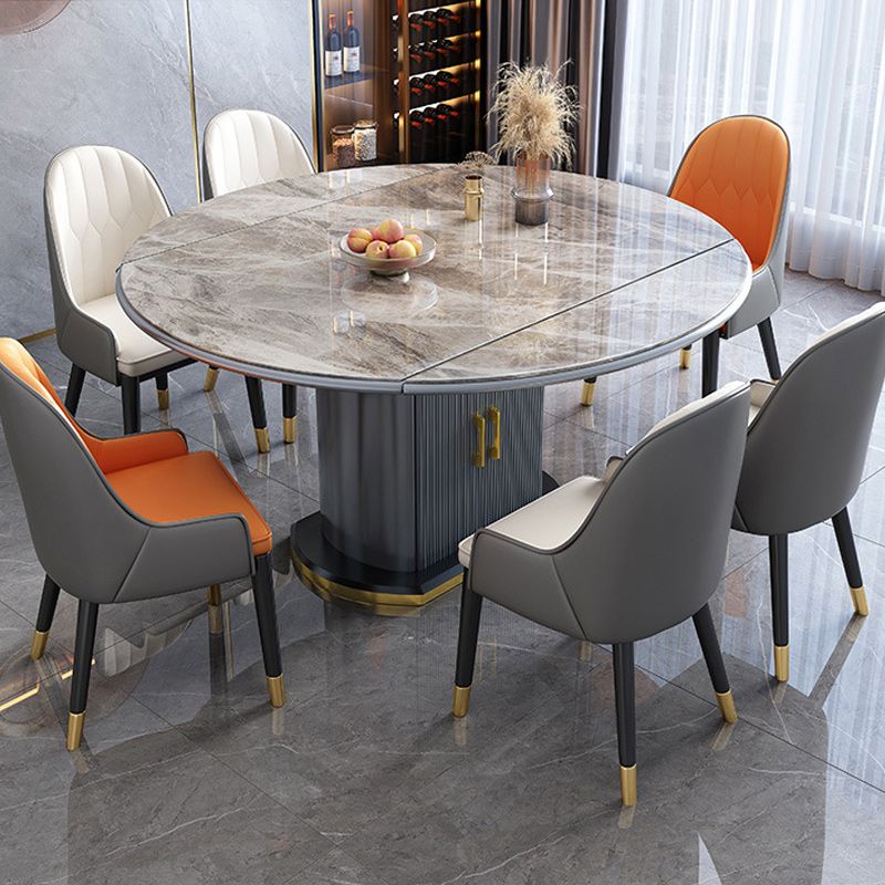 Contemporary Storage Pedestal Dining Table Round Extendable Dinner Table for Home