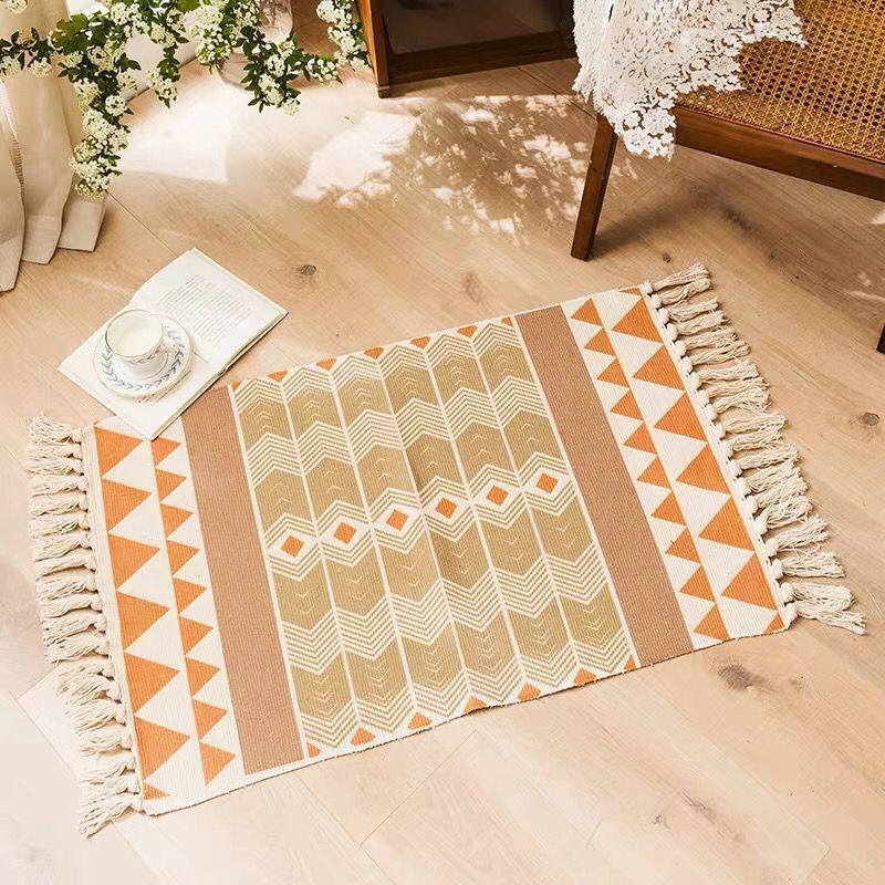 Multi Color Bedroom Rug Funky Geometric Carpet Cotton Machine Washable Pet Friendly Rug with Tassel