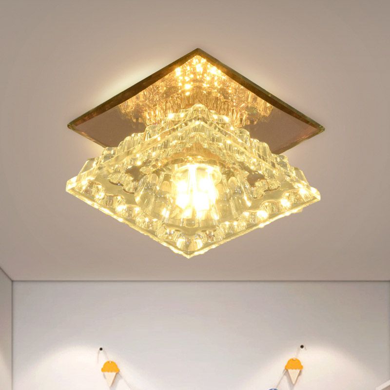 Lámpara de techo empotrada cuadrada LED contemporánea de cristal facetado en oro para pasillo, luz blanca/cálida/de 3 colores