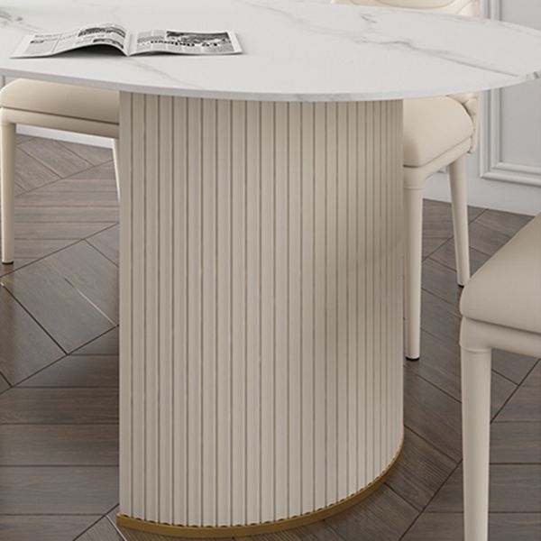 Oval Sintered Stone White Tone Dining Table Simplicity Double Pedestal Table for Dining Room