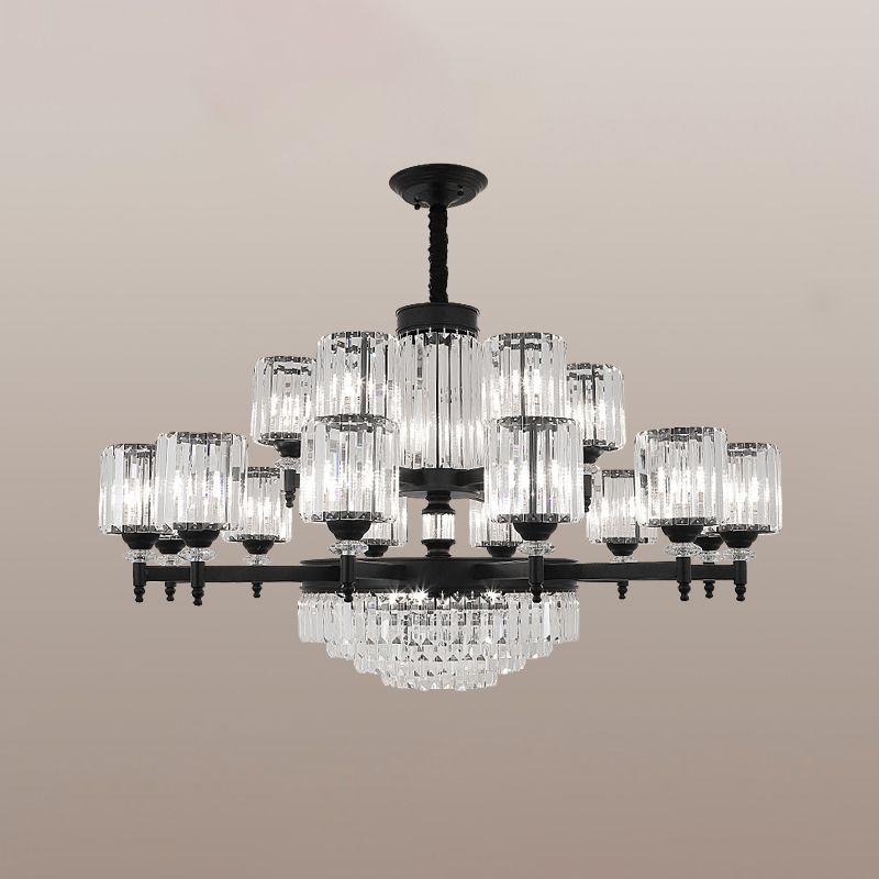 Black Chandelier Lighting Vintage Rectangular-Cut Crystal Cylinder Ceiling Light Fixture