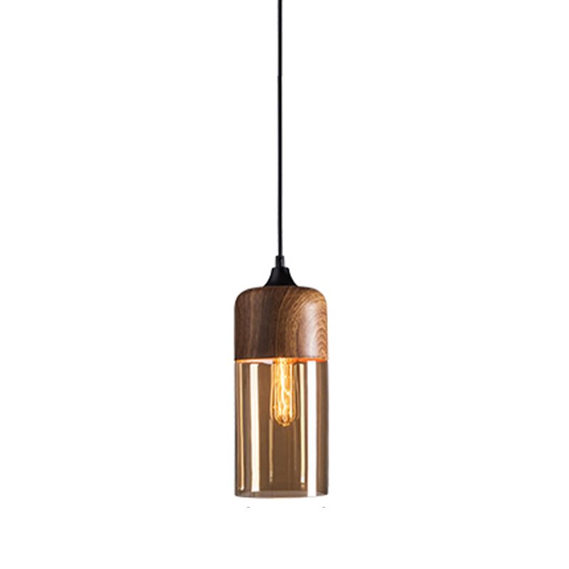 La lampe suspension de la suspension nordique en bois nordique 1-Light Light avec une teinte en verre géométrique