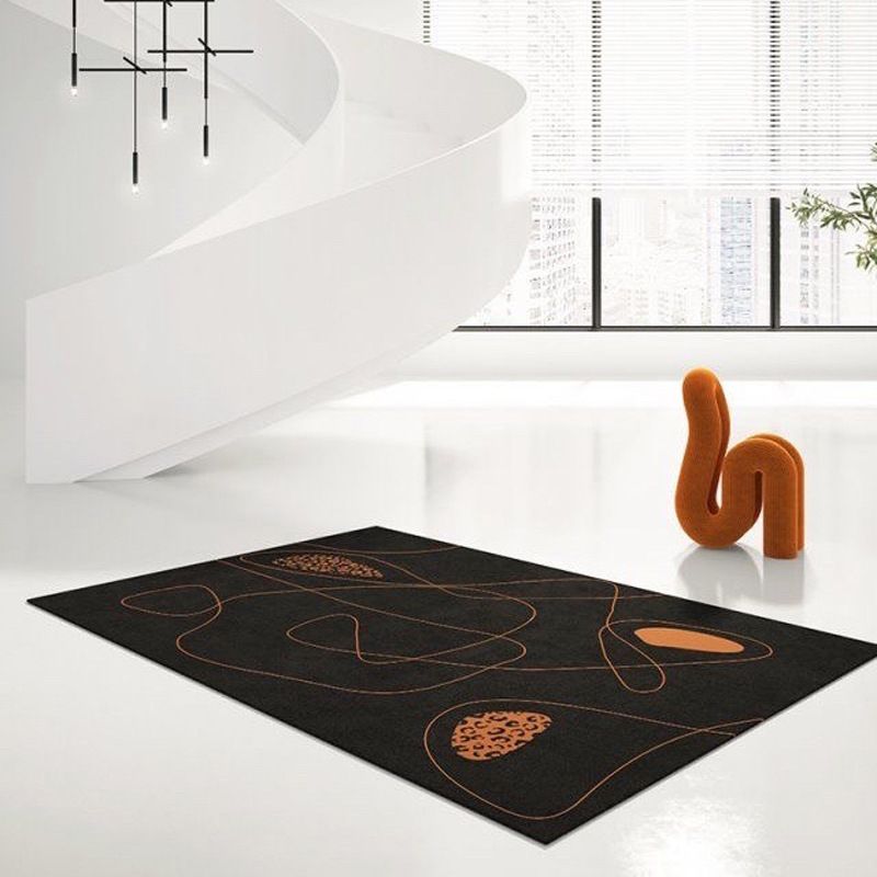 Black Abstract Print Rug Polyester Modern Rug Washable Rug for Living Room