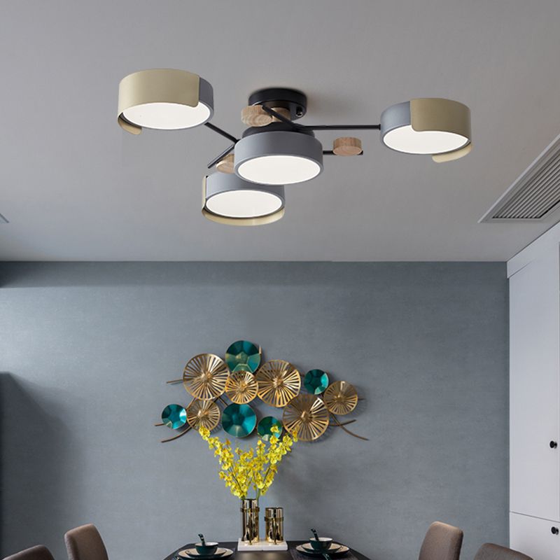 Round Dining Room Semi Flush Mount Light Acrylic 4-Head Nordic LED Ceiling Fixture in Grey