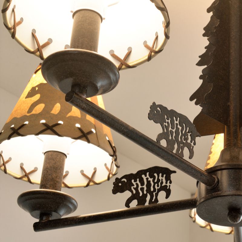 Cone Metal Chandelier Lighting Fixture Rural 5 Heads Dining Room Hanging Ceiling Light in Black with Beige Fabric Shade