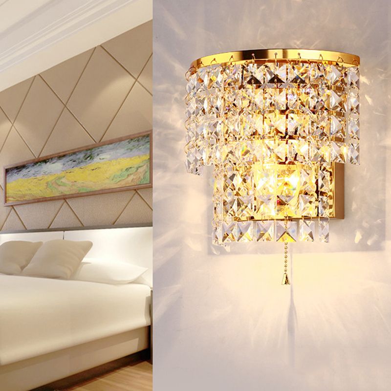 Doppelschicht geschichteter Wandleuchter leichter Vintage -Stil klarer Kristall 1 Leichte Chrom/Gold -Wandmontagelampe mit quadratischer Form, 7 "/10" W.