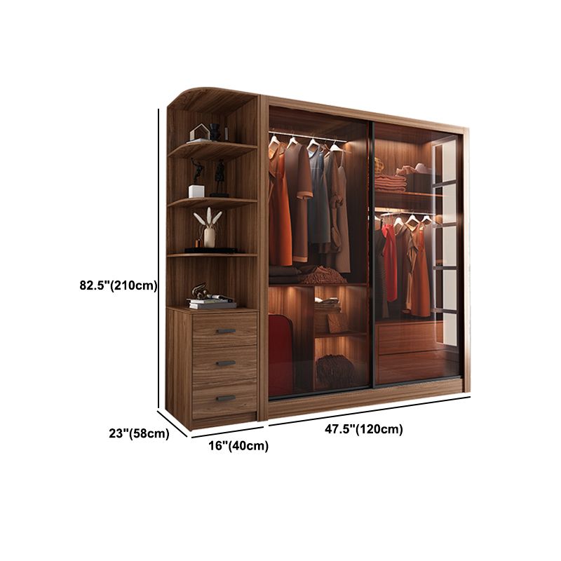 Mirrored Finish Cabinet with Glass Door Modern Brown Wardrobe for Home