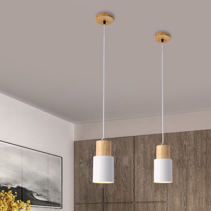 Modern Concise Single Pendant Light Wooden Cylindroid Macaron Hanging Lamp with Wrought Iron Shade