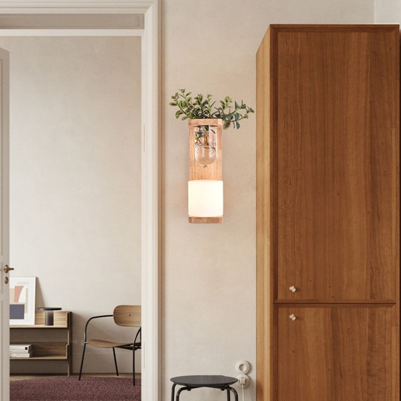Japanese Style Wooden Wall Lamp Geometry Wall Light for Bedroom (Flowerpot Not Included)