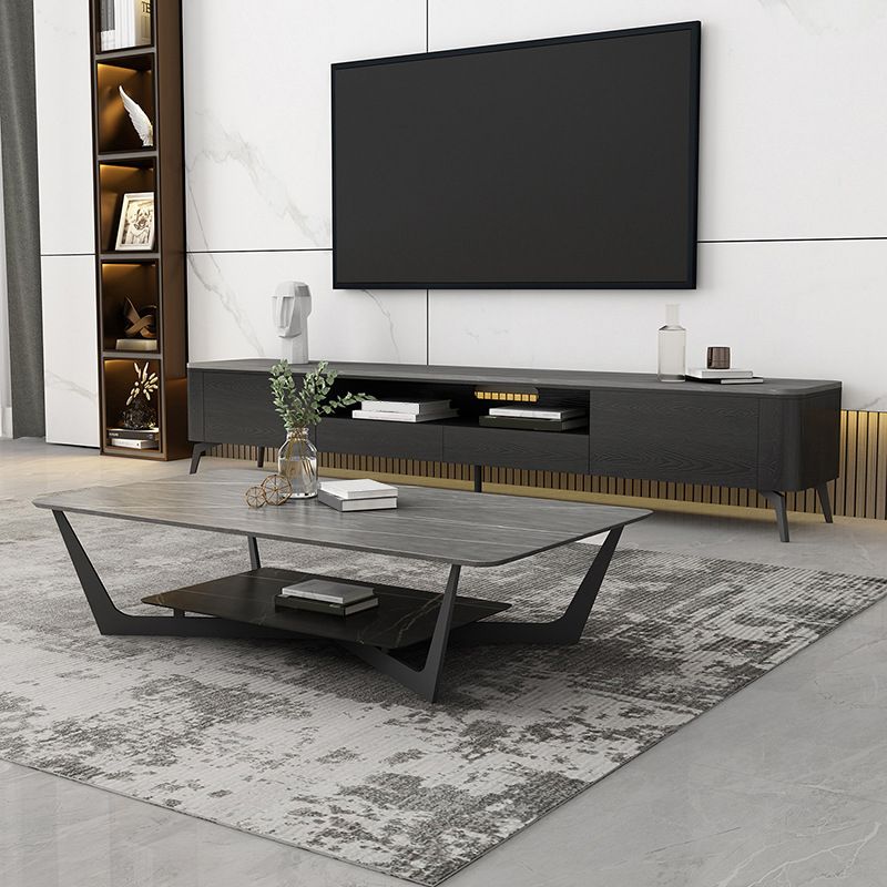 Modern Slate Cross Legs Coffee Table with Shelf Rectangular Cocktail Table in Black