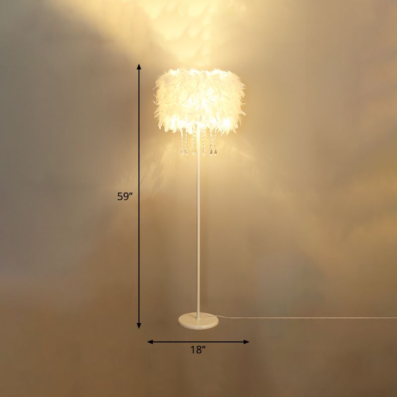 Drum Floor Reading Light Simplicity Feather 1-Light White Gooseneck/Straight Stand Up Lamp with/without Crystal Drape